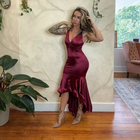 Fashion Nova Burgundy High Low Dress - Picture 1 of 3